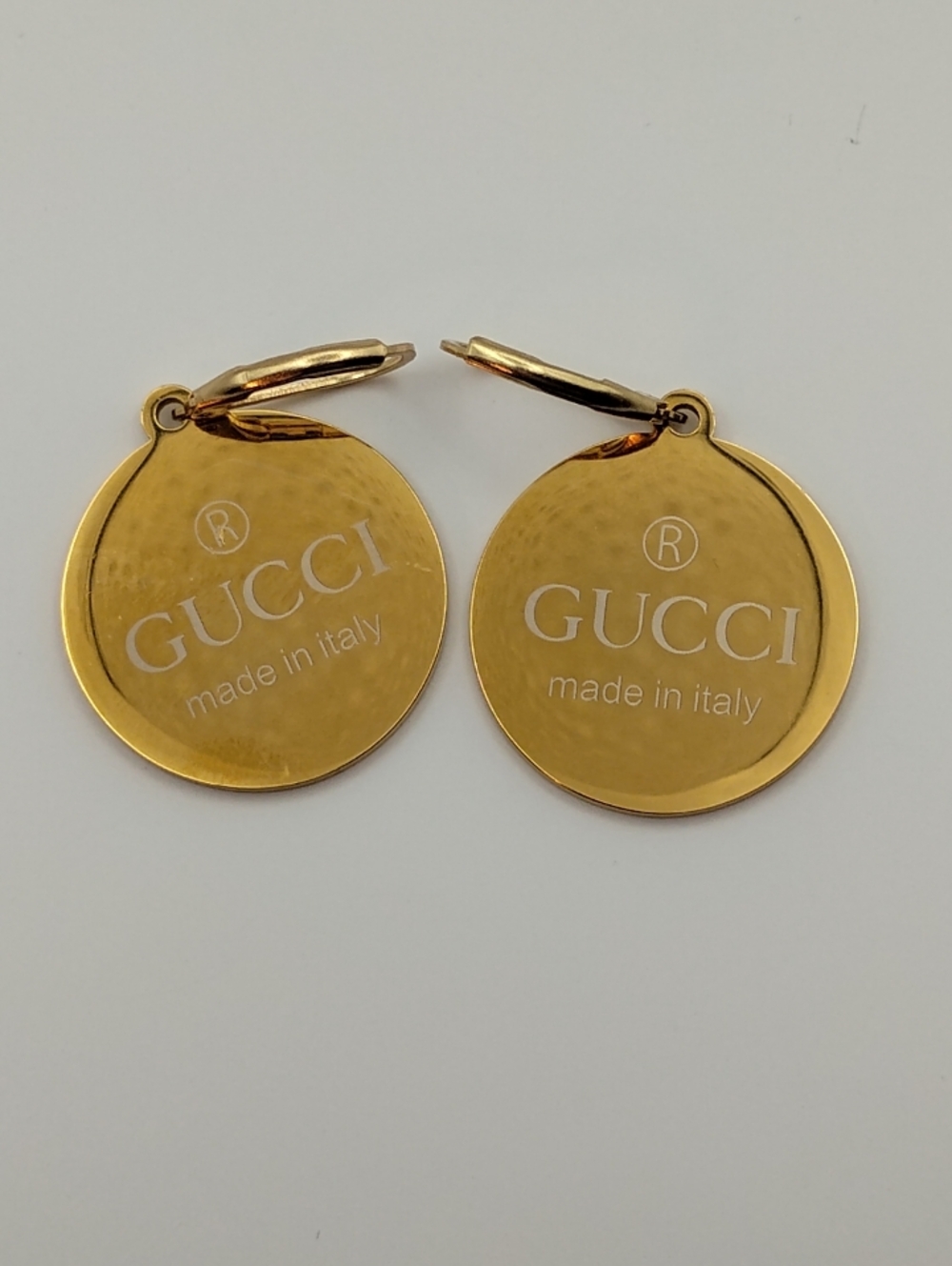 Gucci Gold Round White Logo Drop Earrings AUTHENTIC - Picture 3 of 6